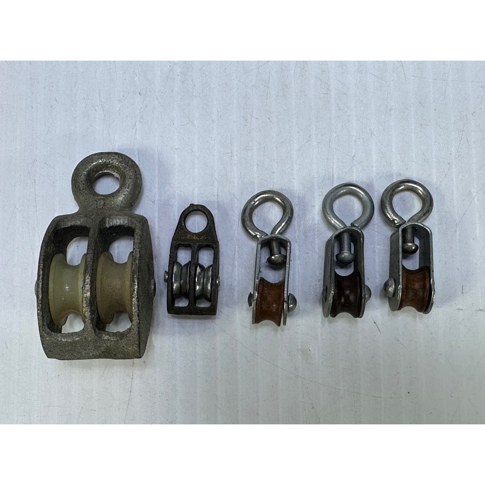 Vintage Industrial Pulley Lot 5pc Metal Swivel Eye Double Sheave